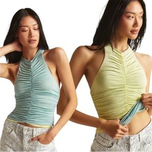 Anthropologie Pilcro Ruched Reversible Tank Top Womens Small Hi Neck Blue Yellow
